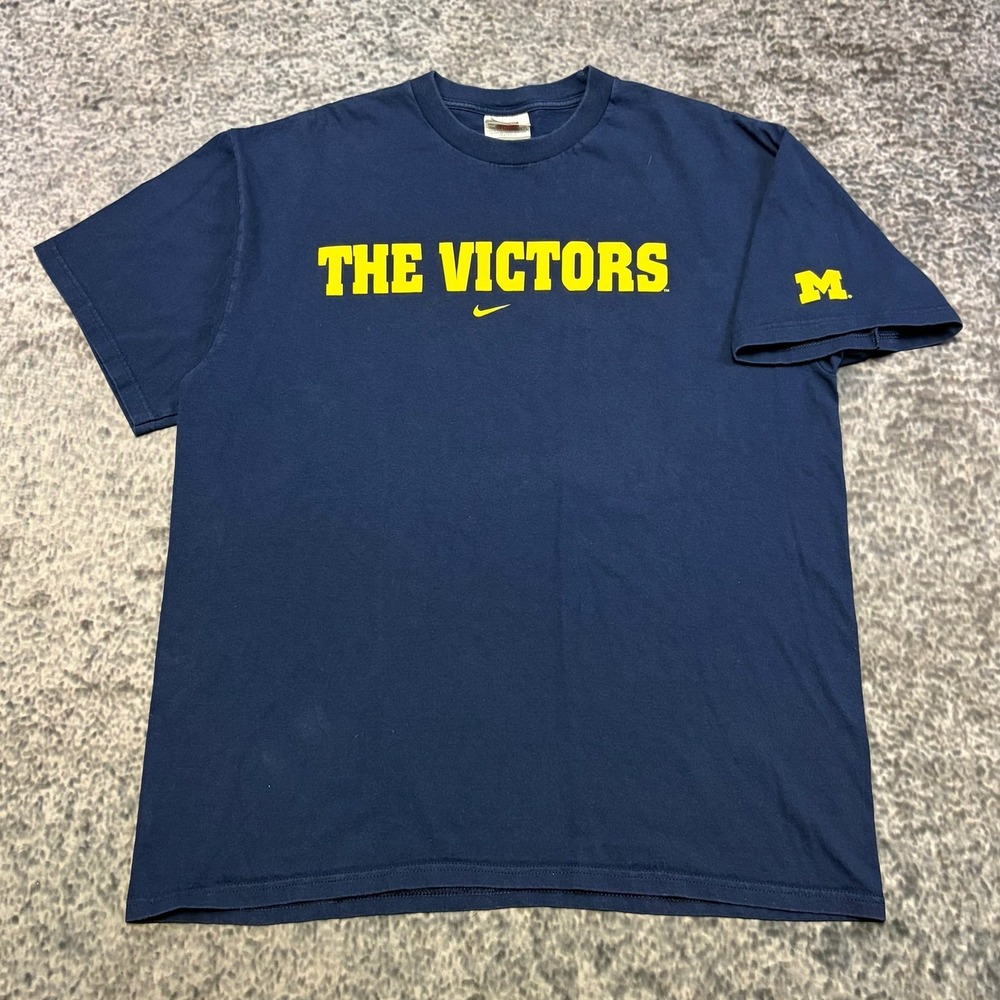 VTG Nike Center Swoosh Michigan Wolverines 'The Victors' T Shirt Large Navy Blue